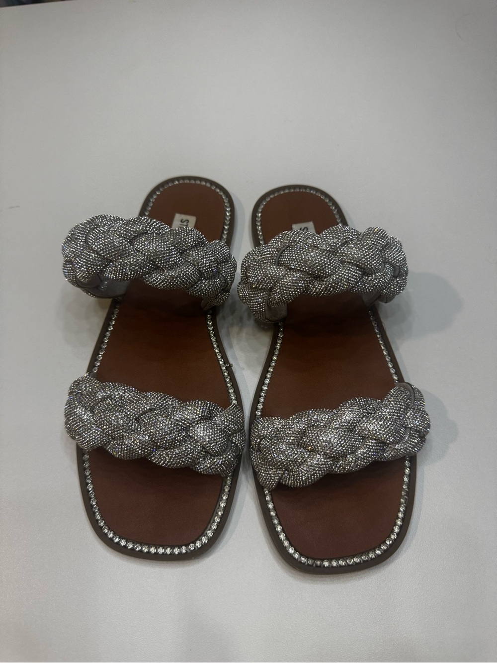 Steve Madden Braided Rhinestone Double-Strap Slide Sandals in Silver